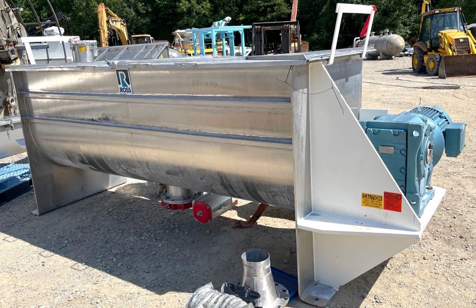 ***SOLD*** Ross 100 Cu.Ft. Stainless Steel Ribbon Blender, Model RB42N/100. Driven by 40 HP, 1760, 230/460 volt motor into Euro gear with 28 RPM output. Has 2 piece hinged lid.  Bottom mounted air actuated valve discharge. Trough is 40